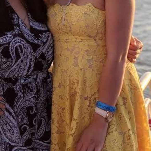 French Yellow Lace Overlay A-line Dress - Picture 4 of 8